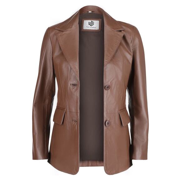 Women’s XL Brown Genuine Soft Leather Casual Blazer 2-Button Real Lambskin - Picture 2 of 3